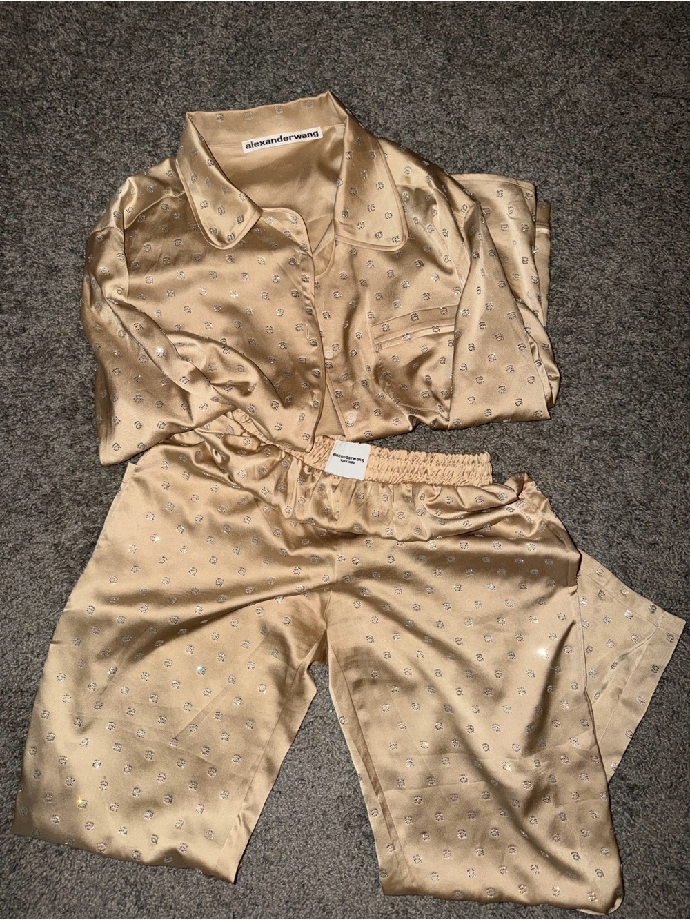 Alexander Wang Satin Pajama Set in Champagne Gold with Crystals